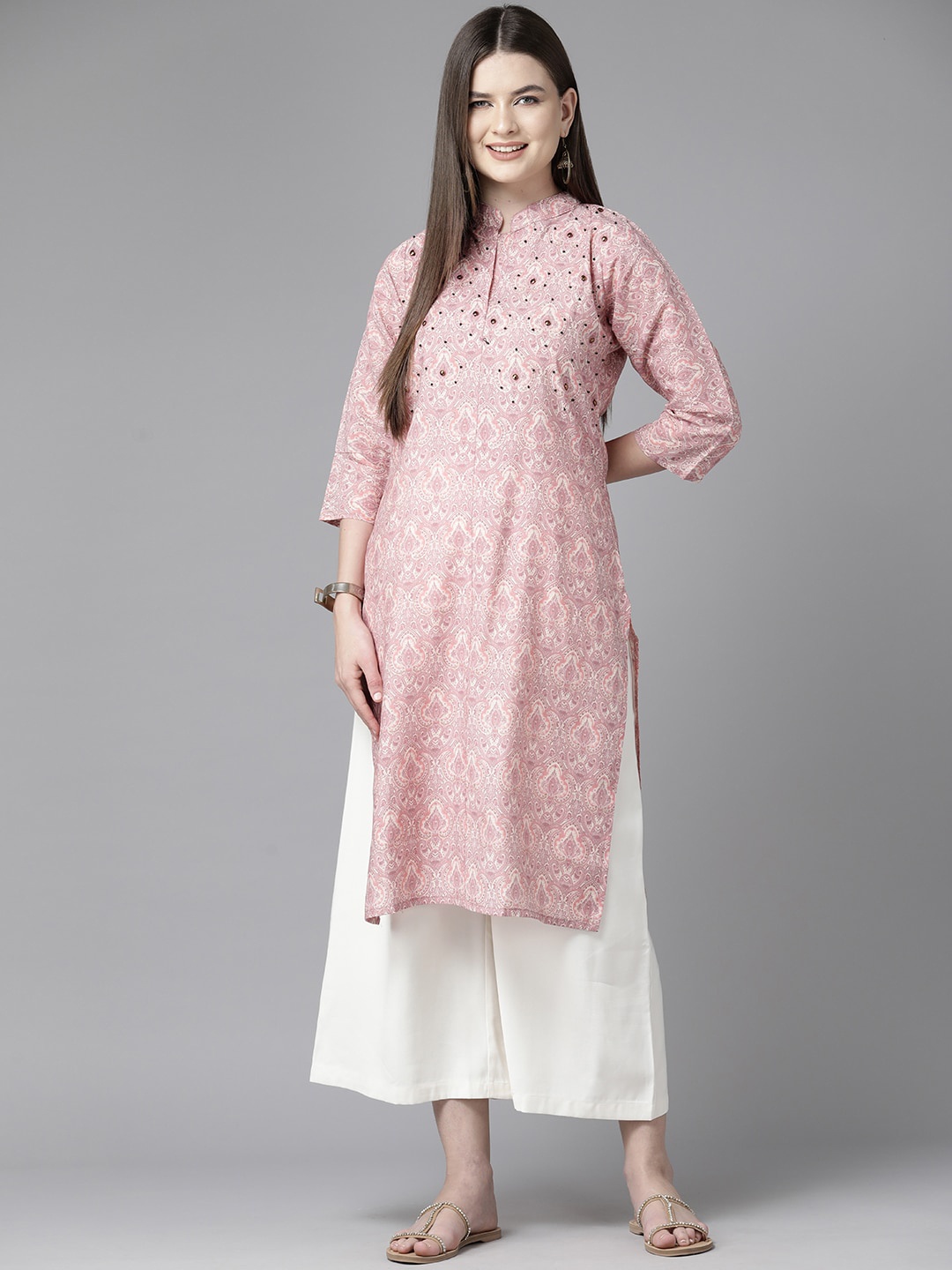 

BAESD Geometric Embroidered Mandarin Collar Thread Work Silk Straight Kurta, Pink