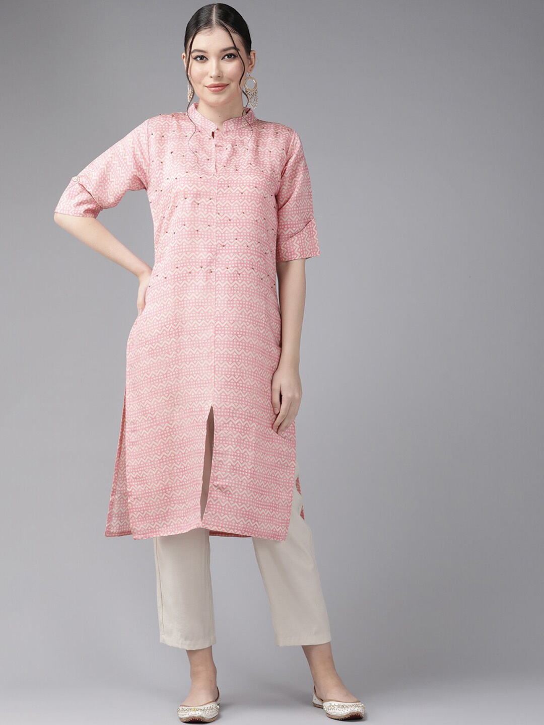 

BAESD Geometric Printed Mandarin Collar Short Roll-Up Sleeves Straight Kurta, Pink