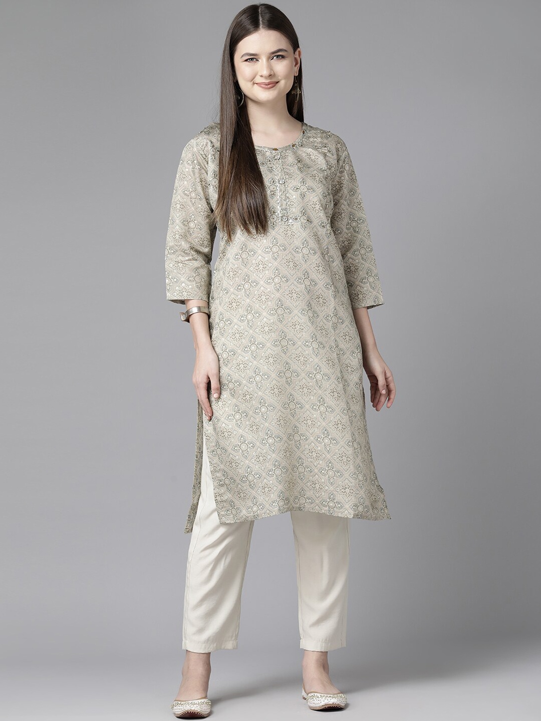 

BAESD Geometric Embellished Round Neck Straight Silk Kurta, Grey