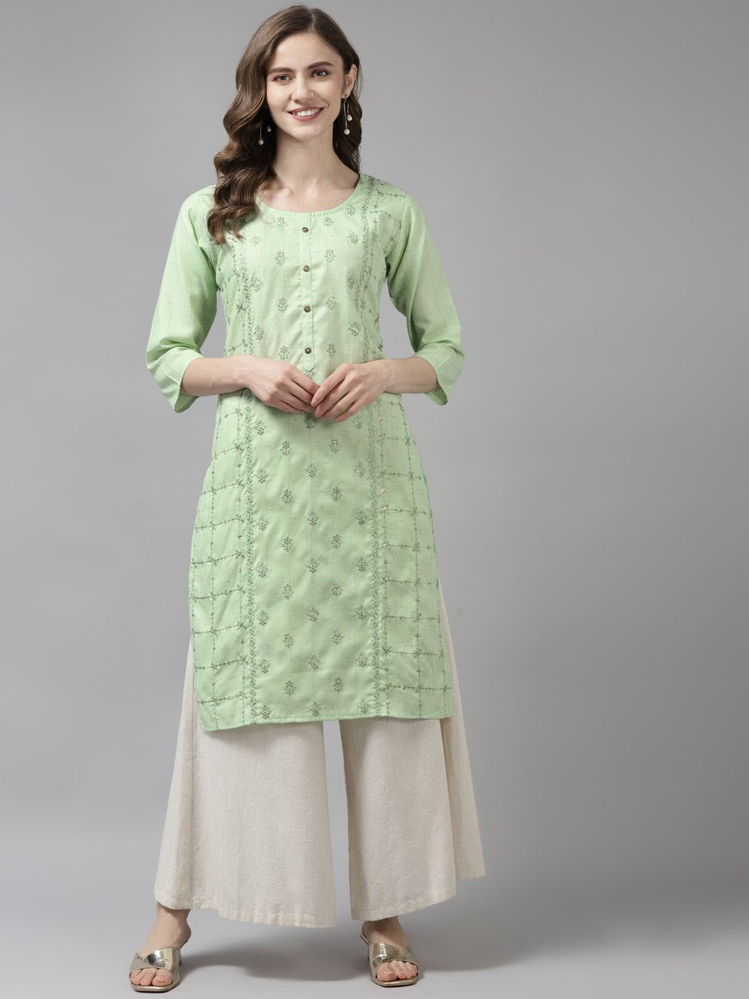 

BAESD Ethnic Motifs Yoke Design Flared Sleeves Thread Work Cotton Straight Kurta, Sea green