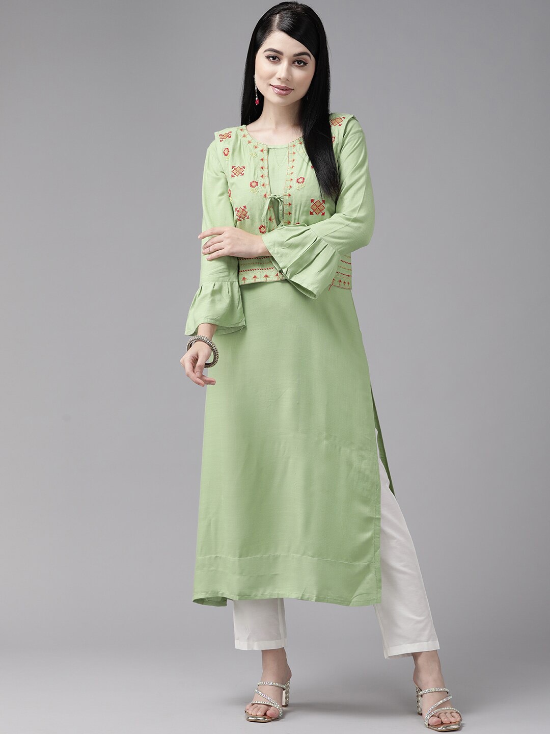 

BAESD Ethnic Motifs Embroidered Mandarin Collar Straight Kurta, Green