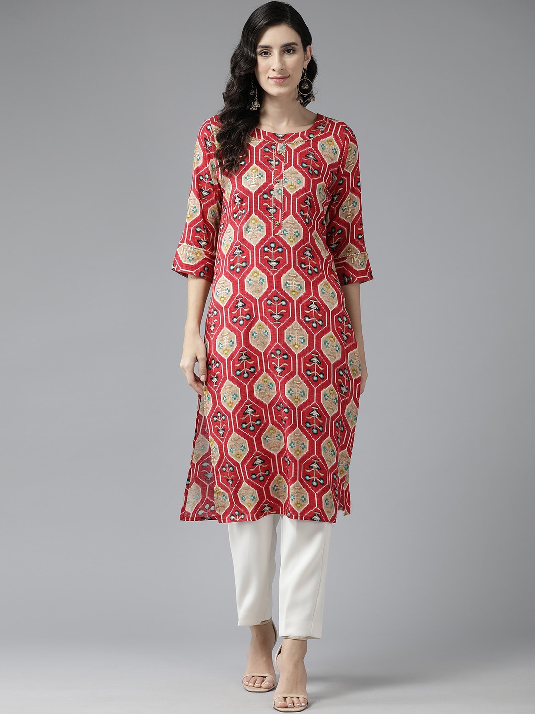 

BAESD Ethnic Motifs Printed Curved Cotton Straight Kurta, Red