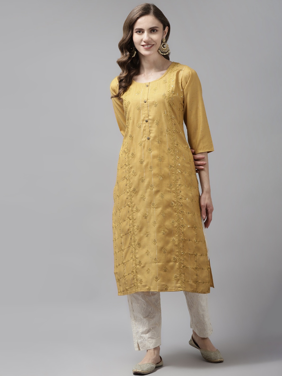 

BAESD Embroidered Ethnic Motifs Round Neck Cotton Kurta, Yellow