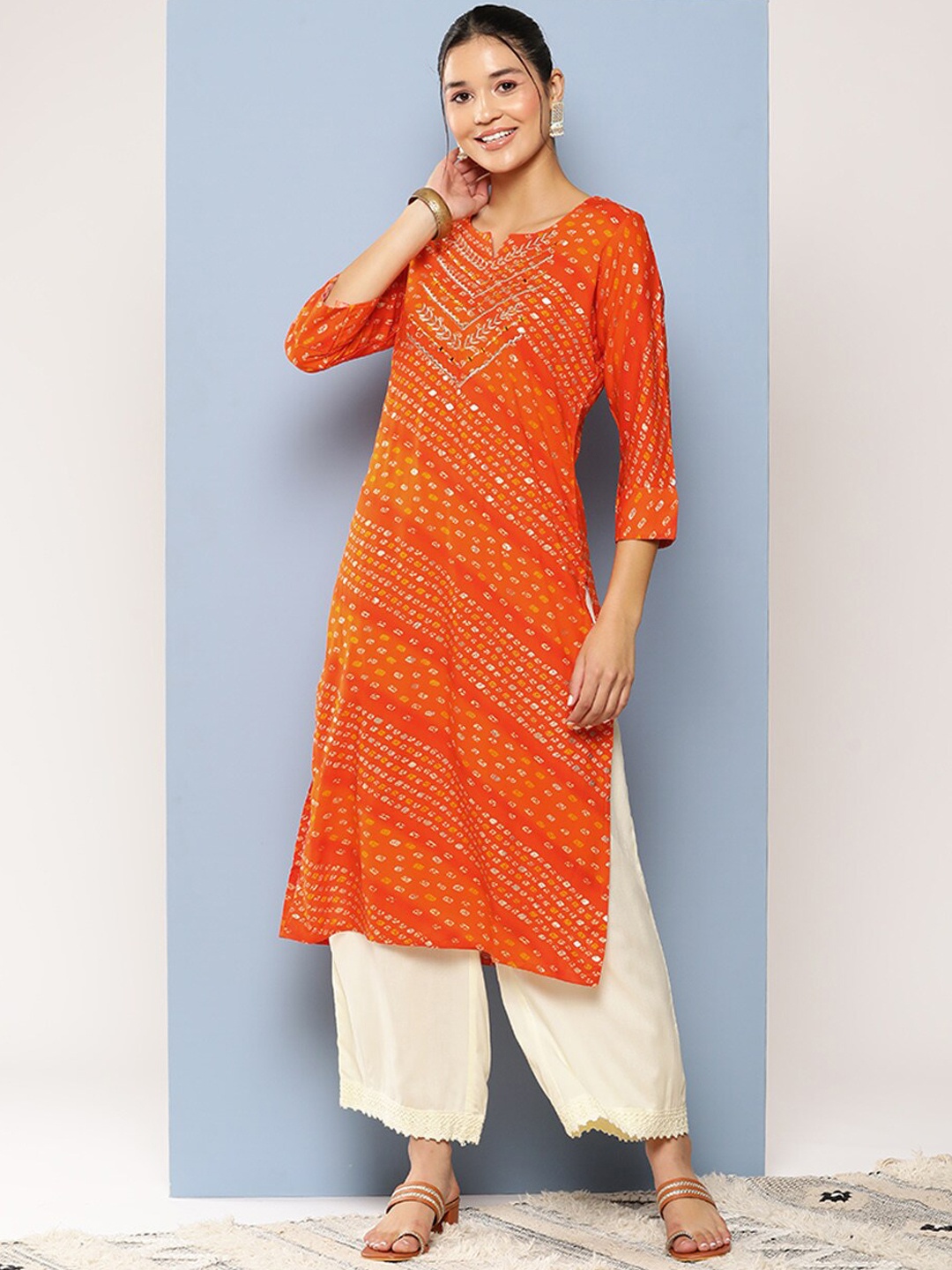 

BAESD Bandhani Printed Notch Neck Mirror Work Kurta, Orange