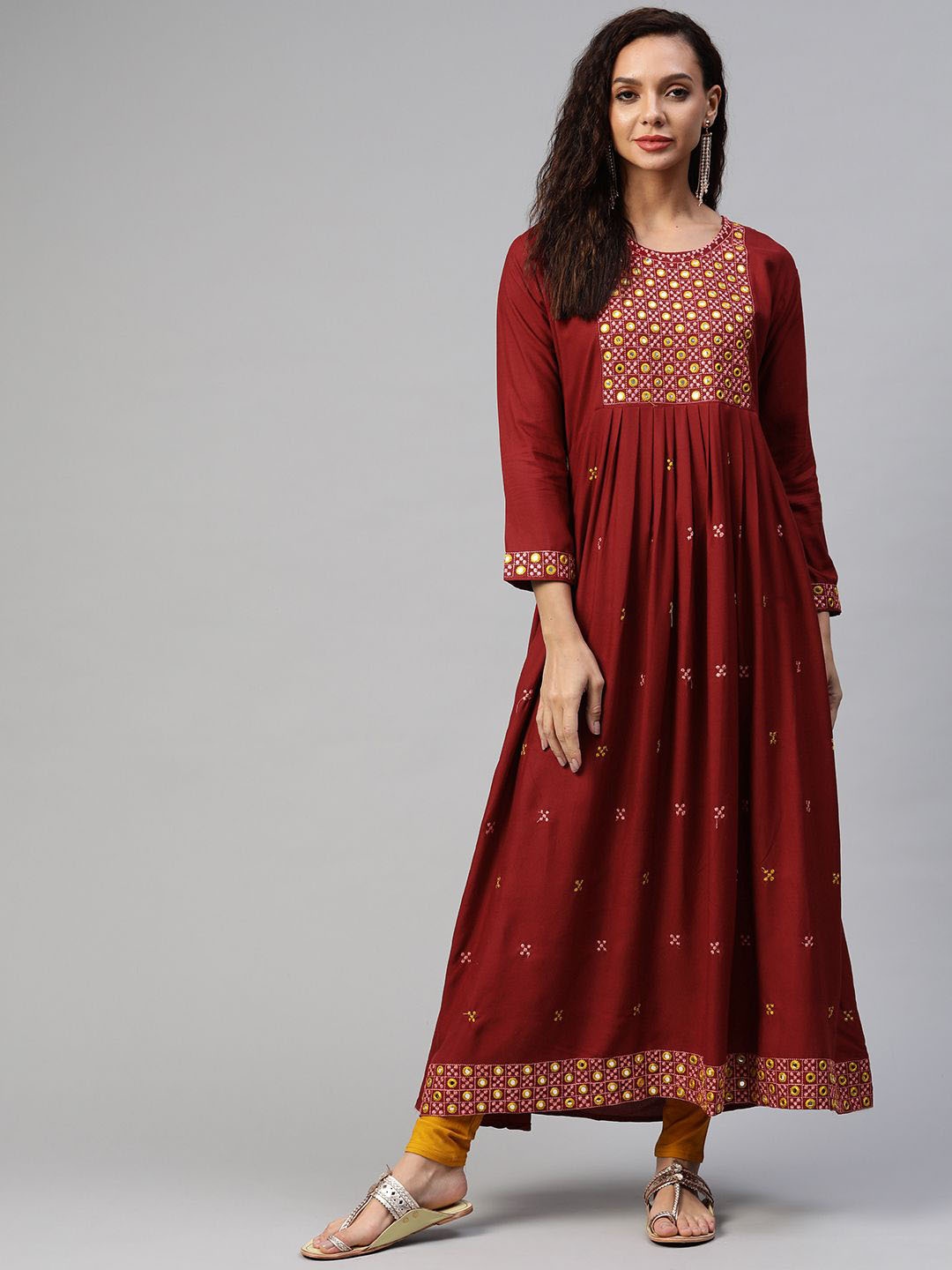 

BAESD Ethnic Motifs Embroidered Mirror Work Cotton Anarkali Kurta, Maroon