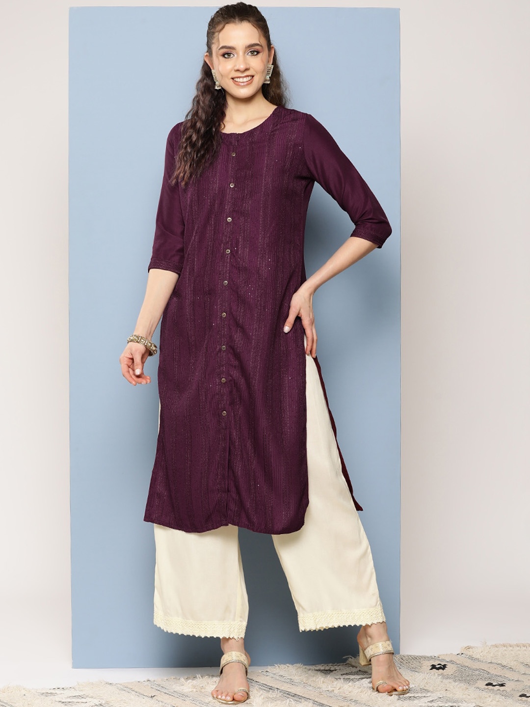 

BAESD Striped Sequins Cotton A-Line Kurta, Purple