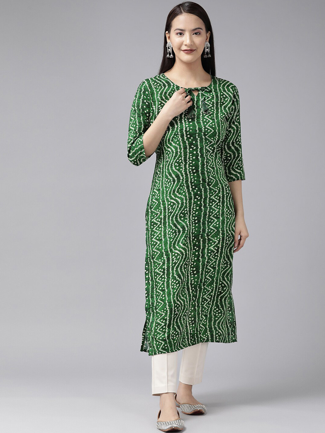 

BAESD Geometric Printed Tie-Up Neck Flared Sleeves Cotton A-Line Kurta, Green