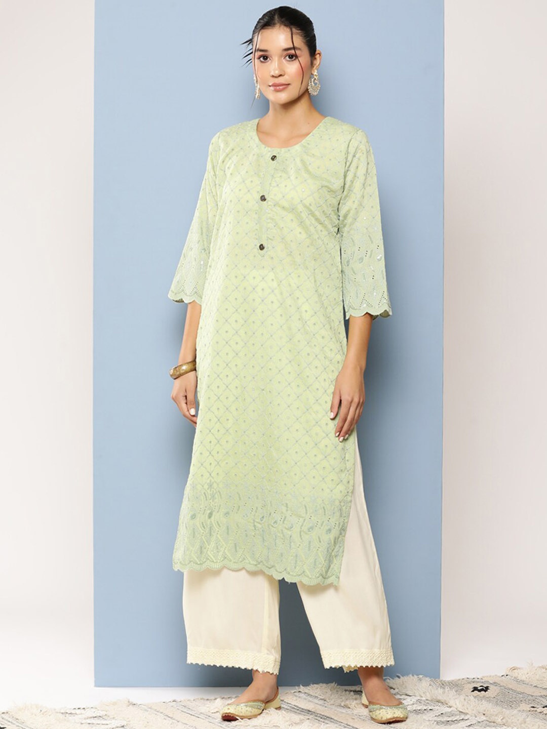 

BAESD Geometric Woven Design Mirror Work Panelled Cotton A-Line Kurta, Green
