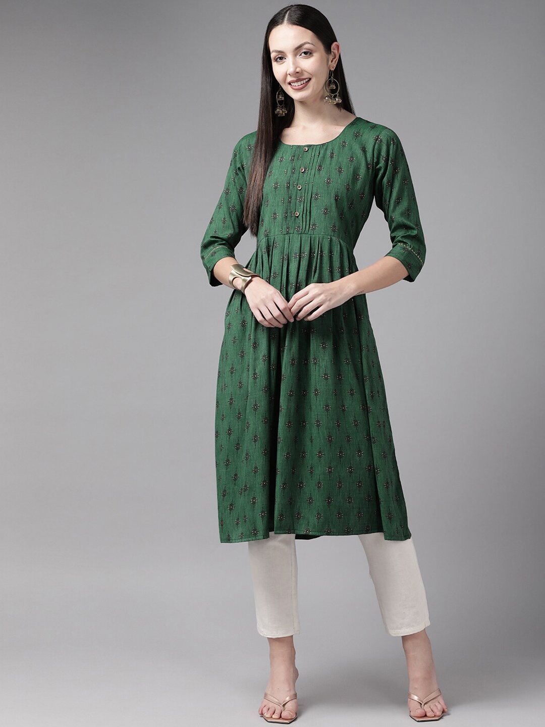 

BAESD Ethnic Motifs Printed Empire Cotton A-Line Kurta, Green