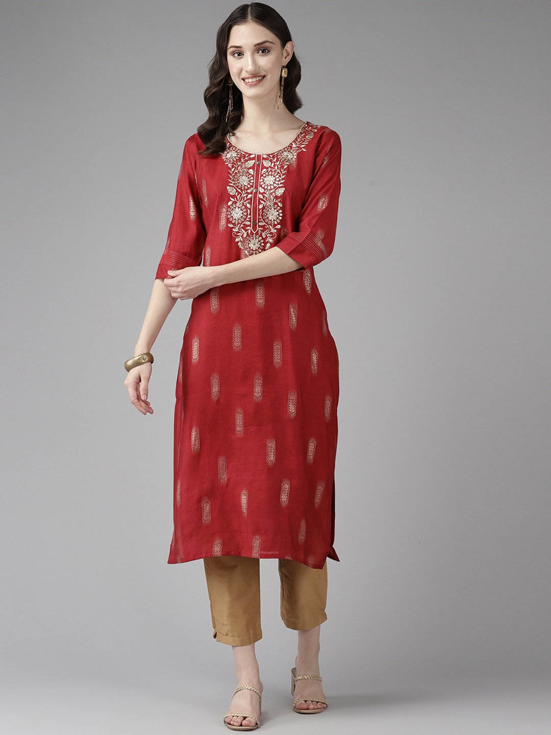 

BAESD Ethnic Motifs PrintedRound Neck Thread Work Cotton Kurta, Red