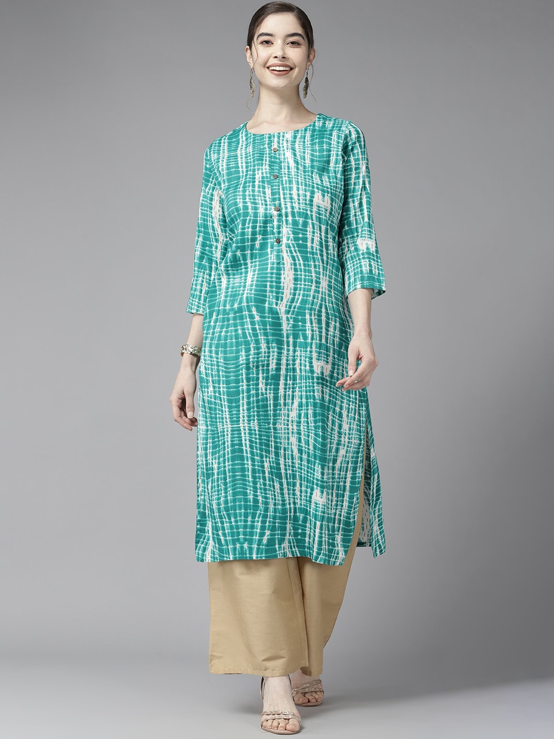 

BAESD Abstract Dyed Round Neck Cotton Straight Kurta, Turquoise blue
