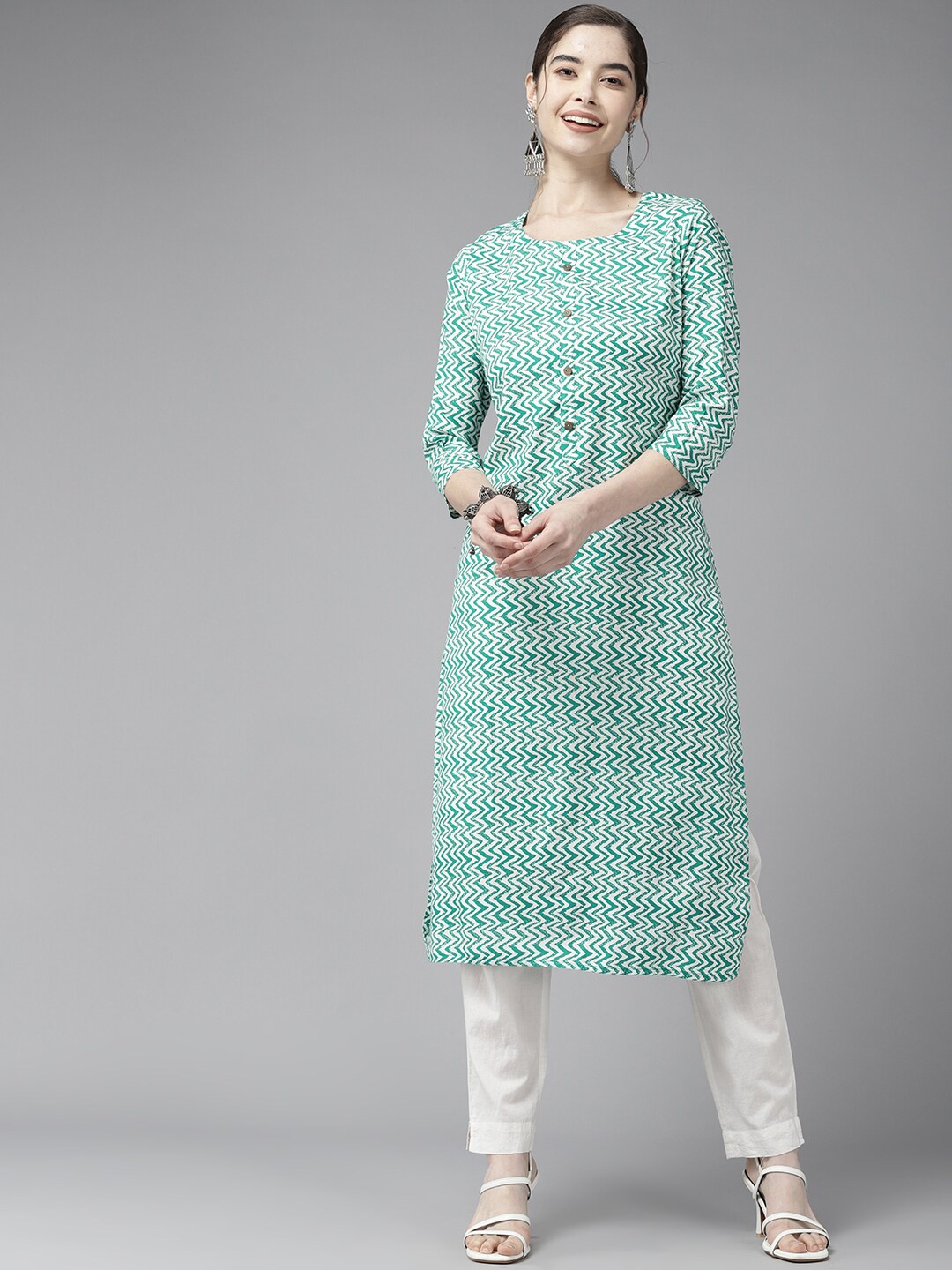

BAESD Geometric Printed Round Neck Cotton Kurta, Turquoise blue