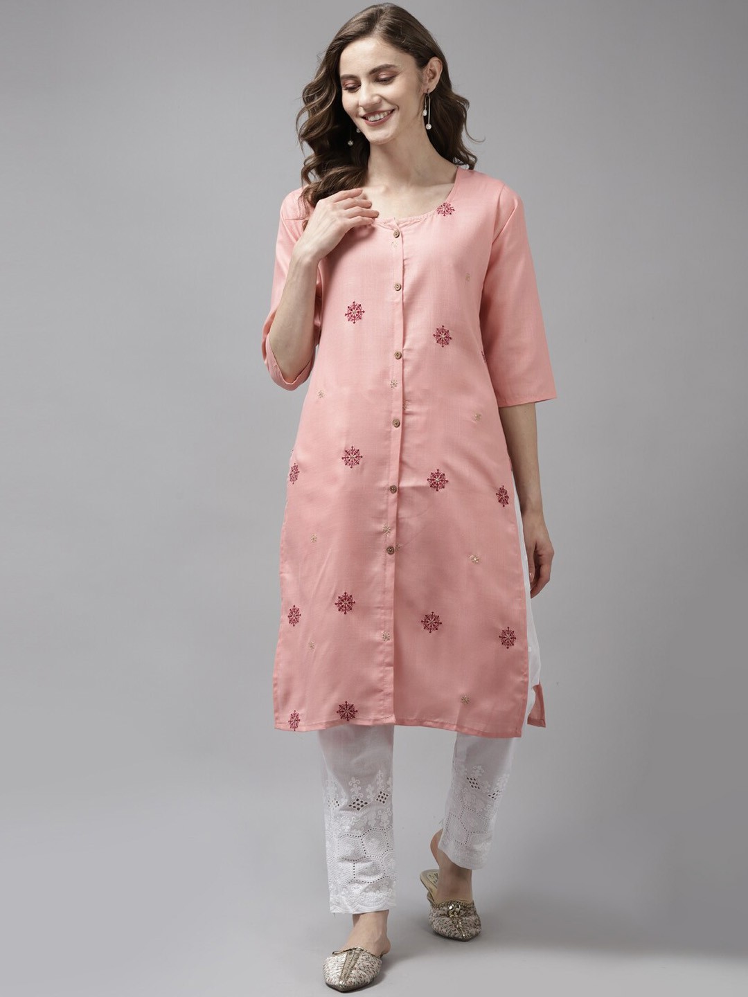 

BAESD Floral Embroidered Thread Work Cotton Straight Kurta, Pink