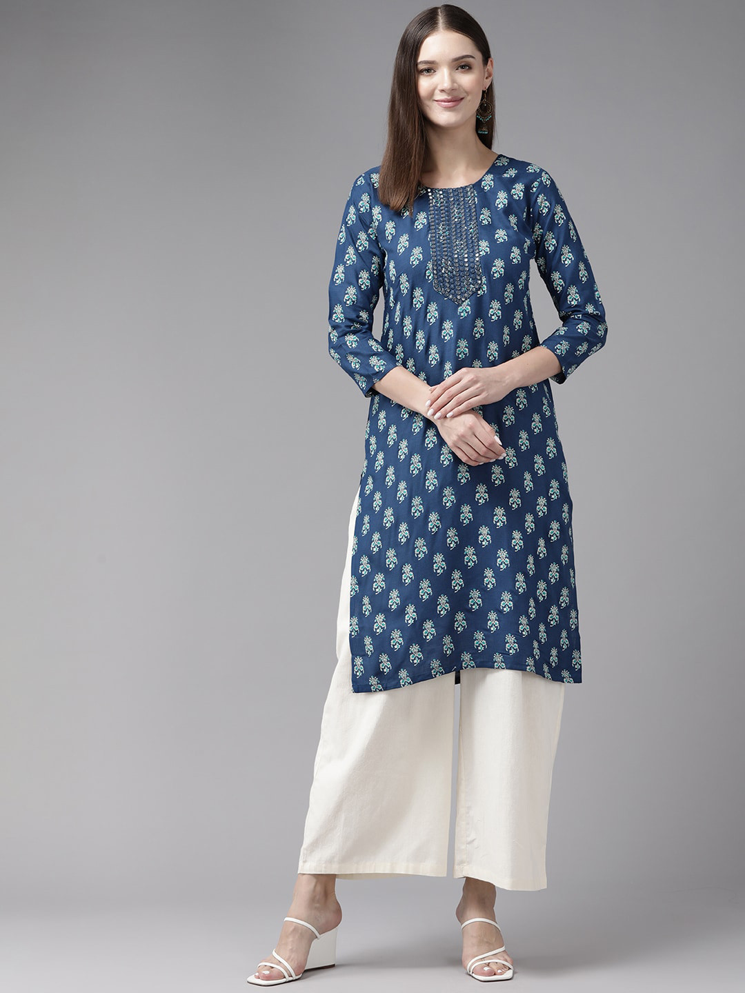 

BAESD Ethnic Motifs Printed Flared Sleeves Mirror Work Cotton A-Line Kurta, Navy blue