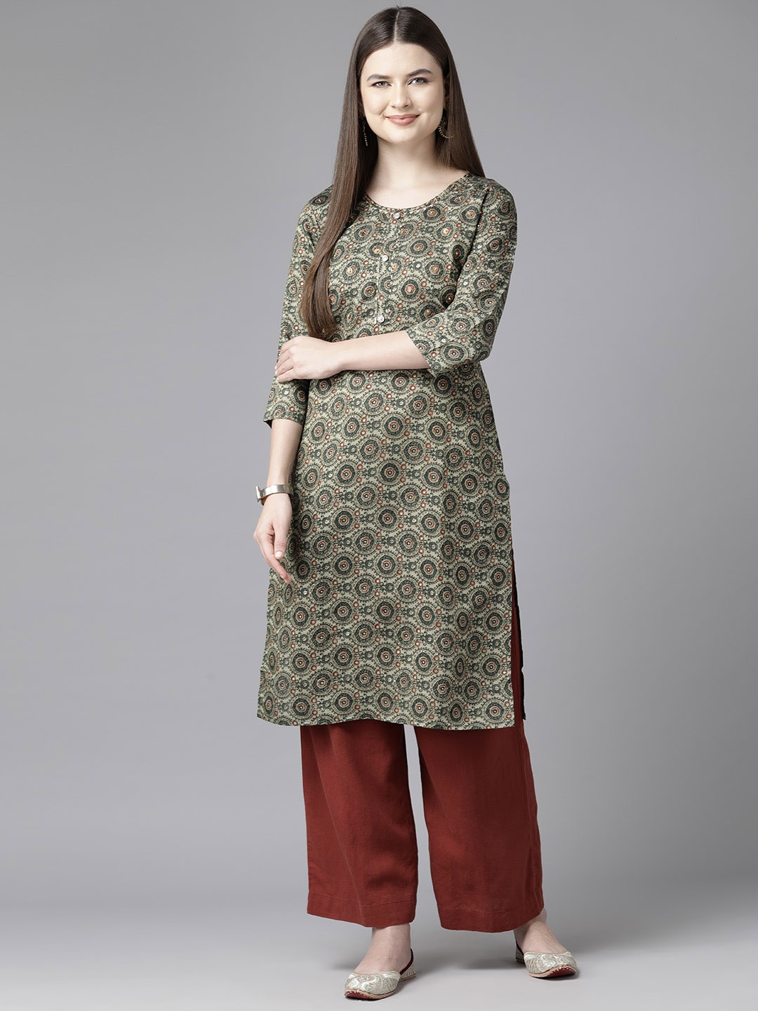 

BAESD Ethnic Motifs Printed Flared Sleeves Silk Gotta Patti A-Line Kurta, Green