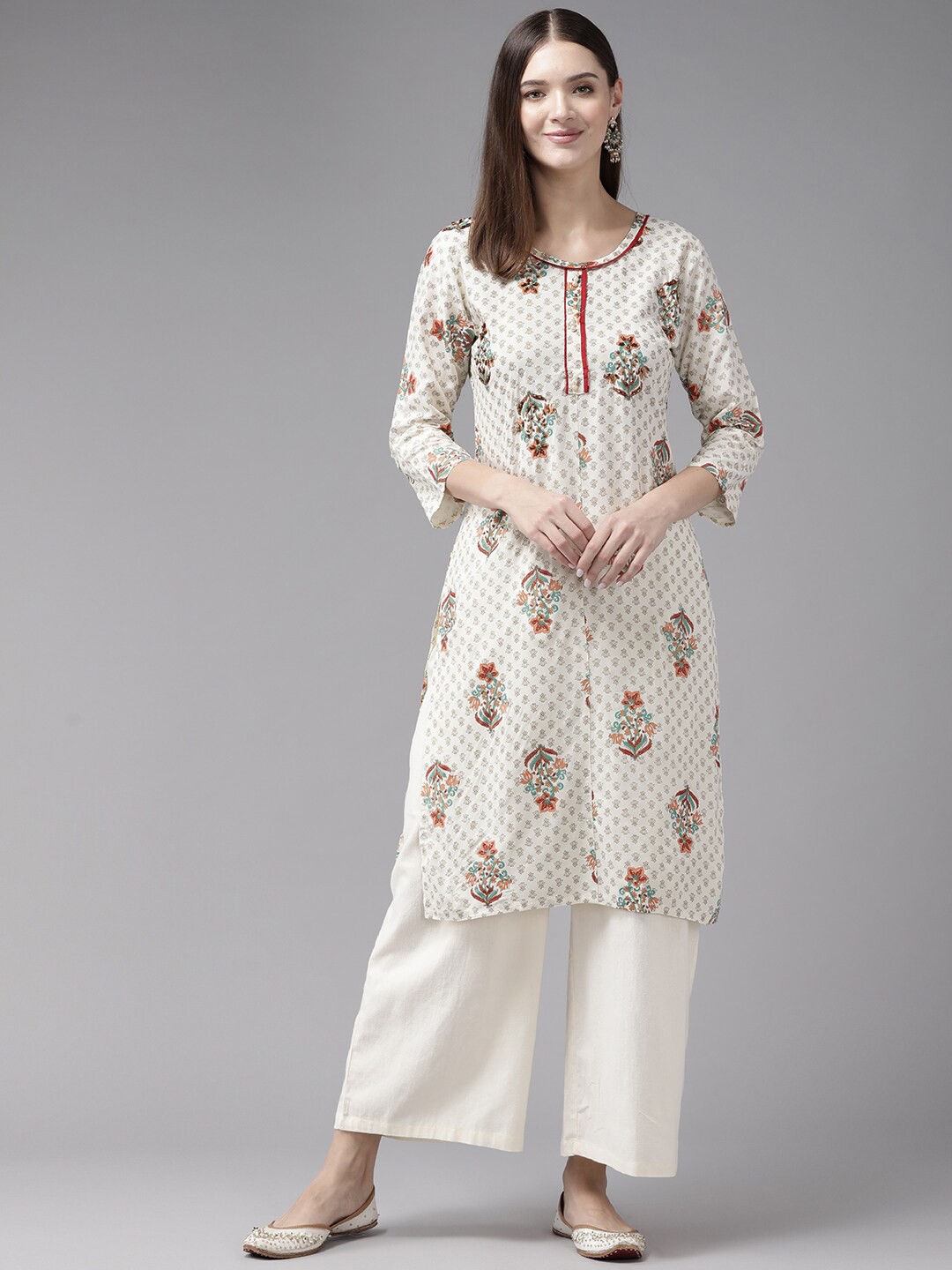 

BAESD Floral Printed Beads and Stones Cotton Straight Kurta, Cream