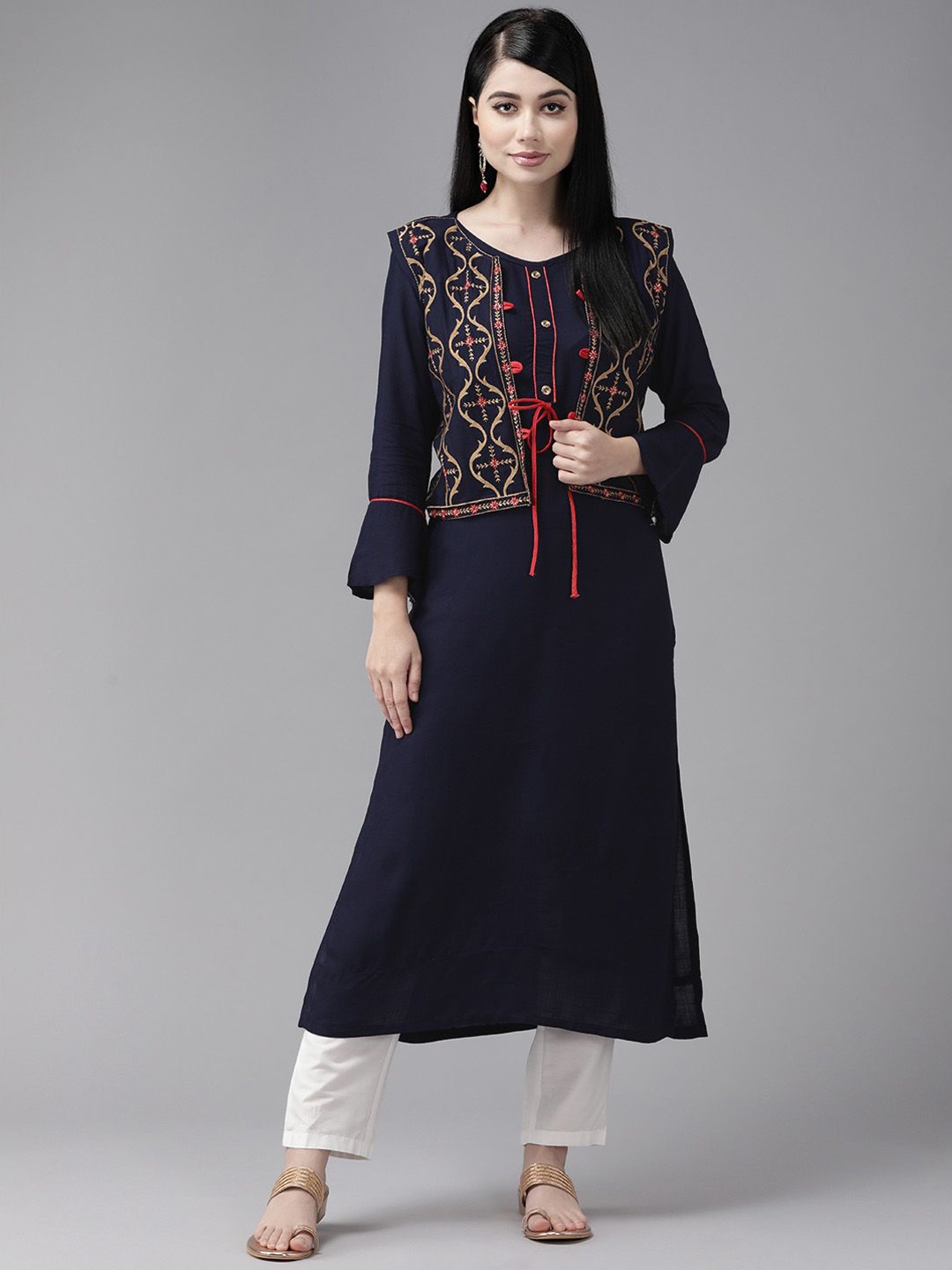 

BAESD Geometric Embroidered Thread Work Anarkali Kurta, Navy blue