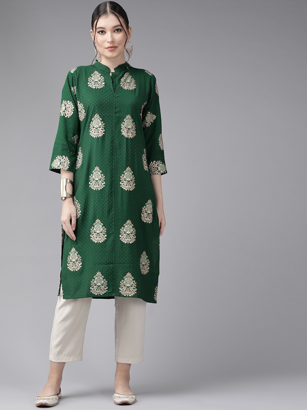 

BAESD Ethnic Motifs Printed Mandarin Collar Regular Sleeves Kurta, Green