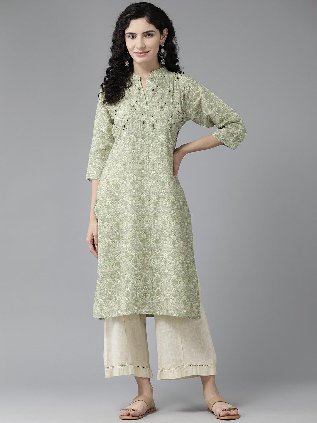 

BAESD Geometric Woven Design Mandarin Collar Silk Pathani Kurta, Green