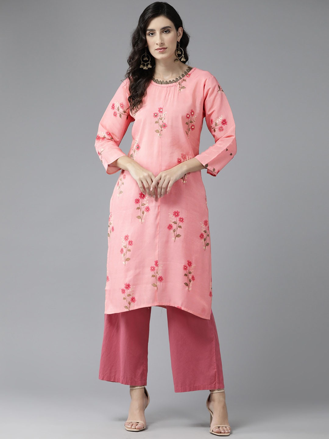 

BAESD Floral Printed Round Neck Three-Quarter Sleeves Straight Kurta, Peach
