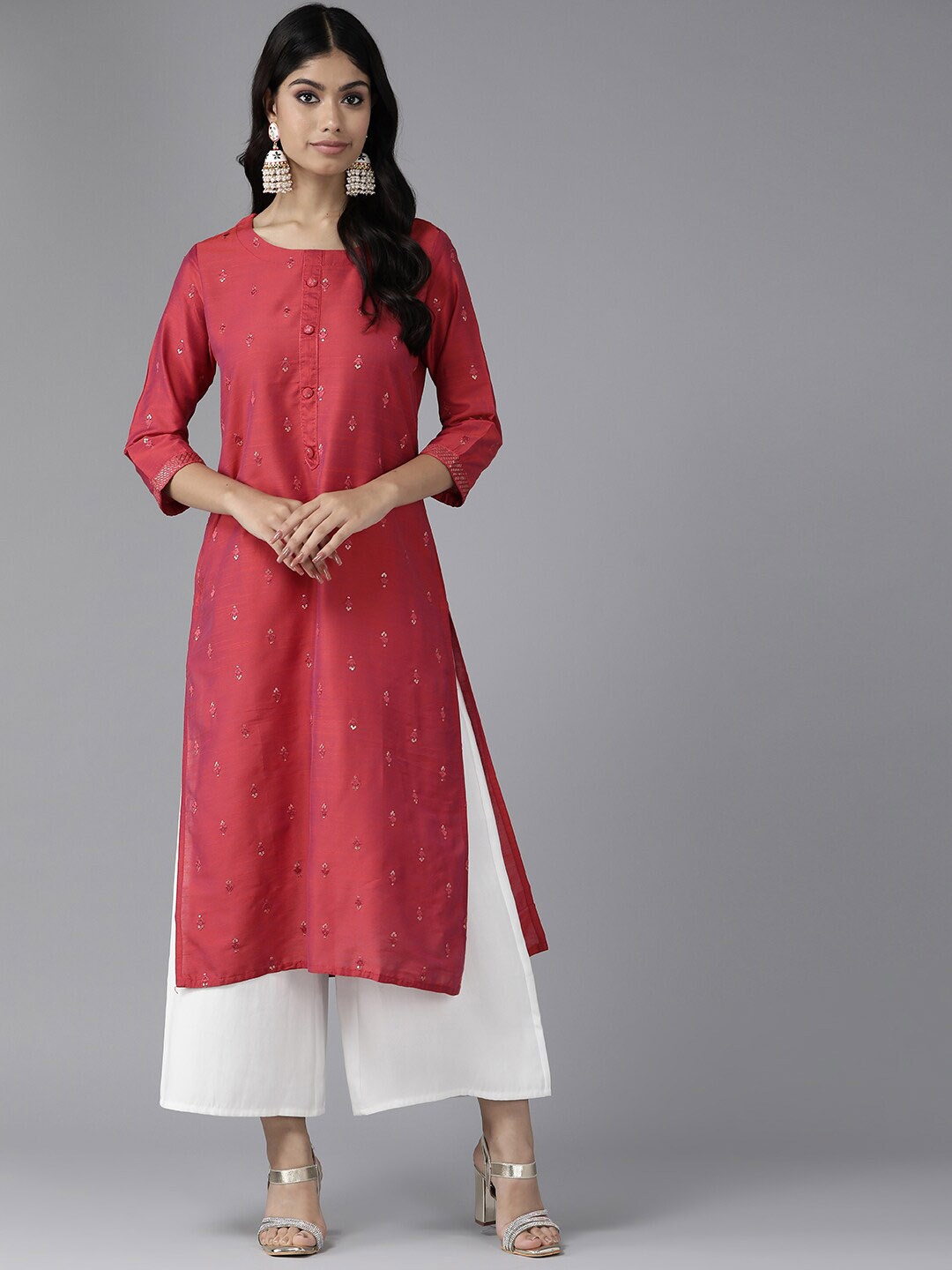 

BAESD Geometric Woven Design Thread Work Straight Kurta, Red