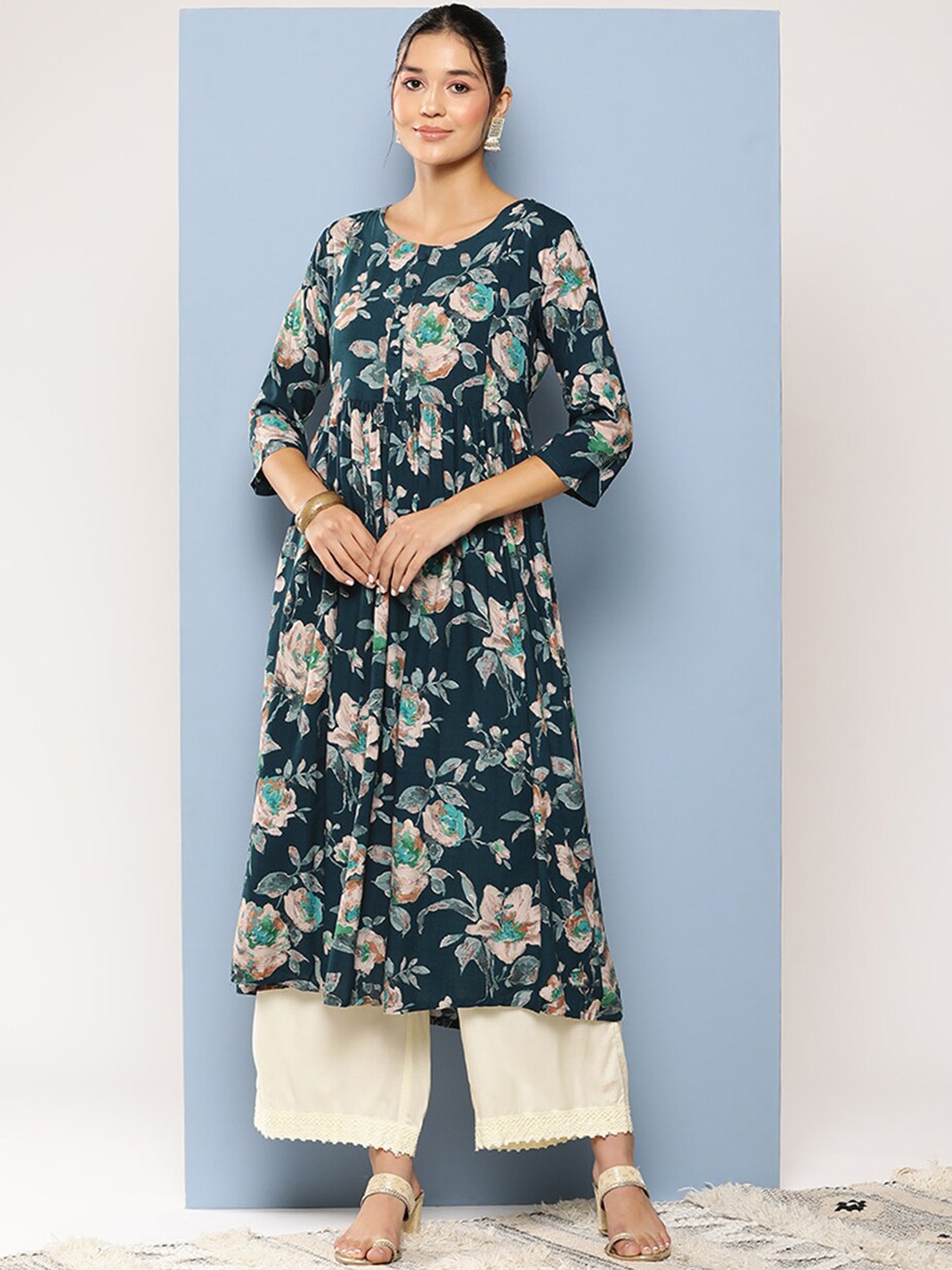 

BAESD Floral Printed A-Line Kurta, Turquoise blue