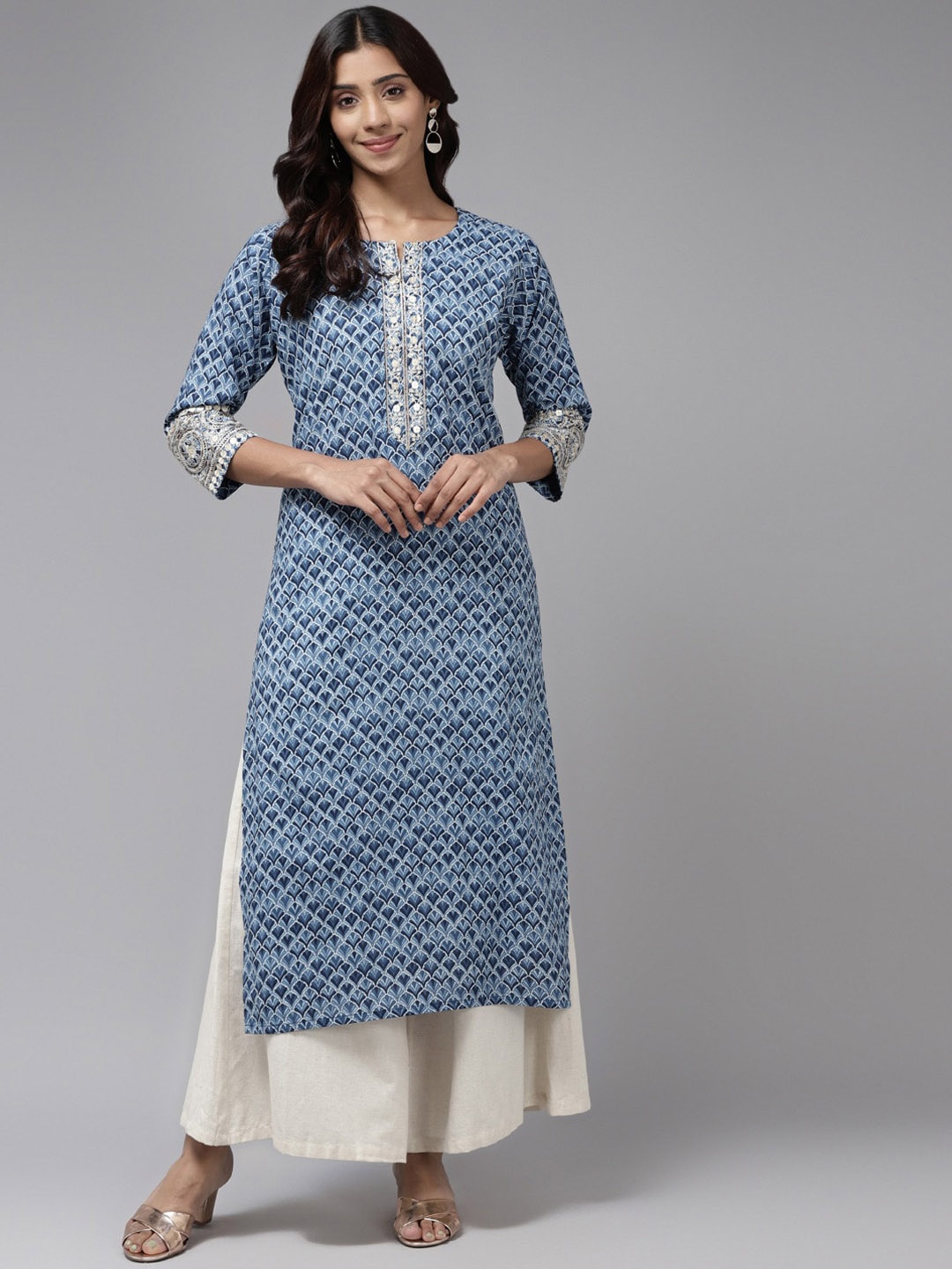 

BAESD Geometric Printed Three-Quarter Sleeves Cotton A-Line Kurta, Blue