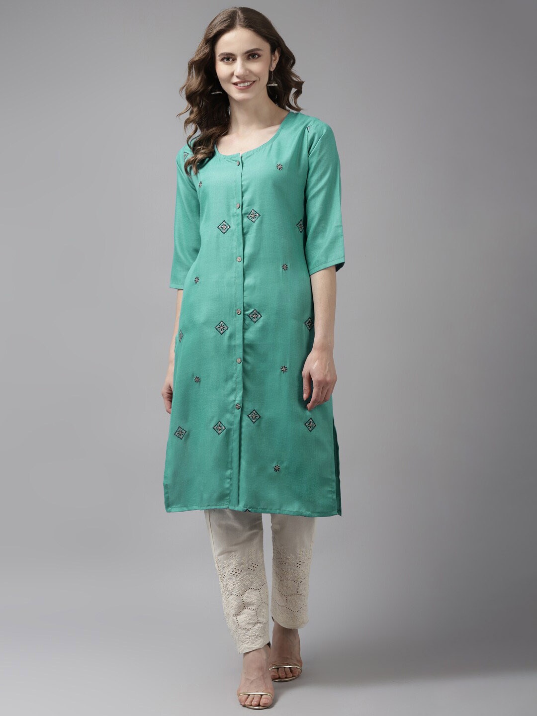 

BAESD Geometric Embroidered Flared Sleeves Thread Work Cotton Straight Kurta, Turquoise blue