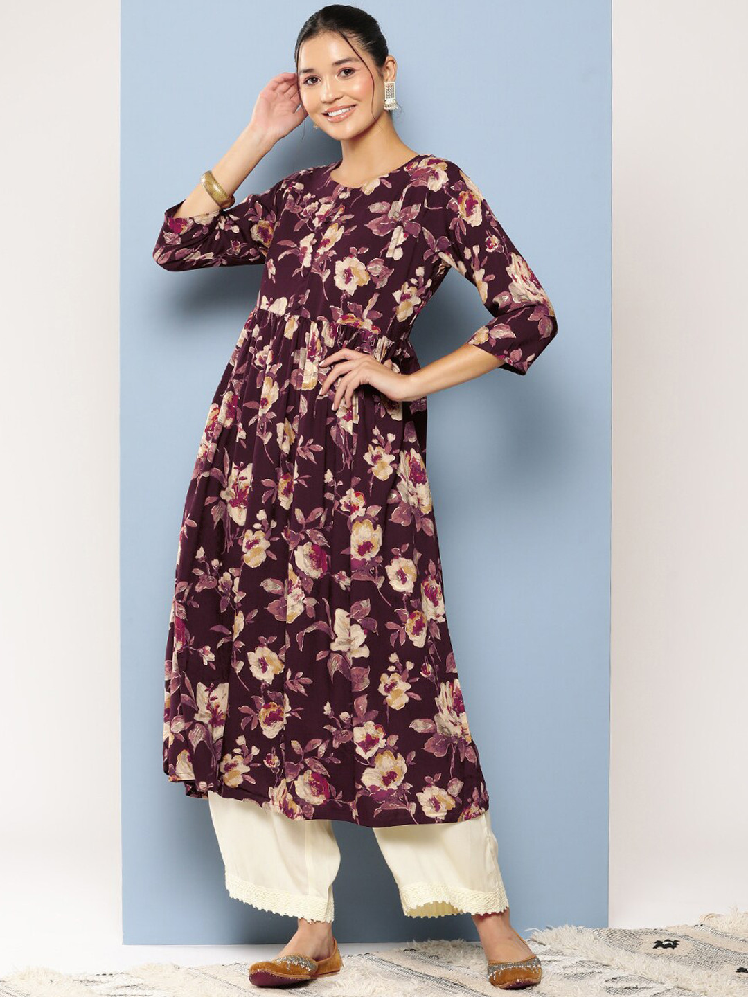 

BAESD Floral Printed Round Neck Regular Sleeves A-Line Kurta, Burgundy