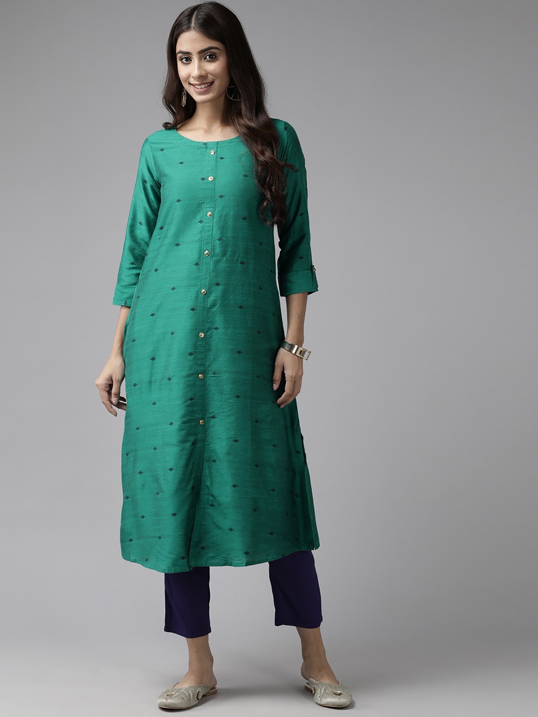 

BAESD Geometric Printed Round Neck Cotton Straight Kurta, Green