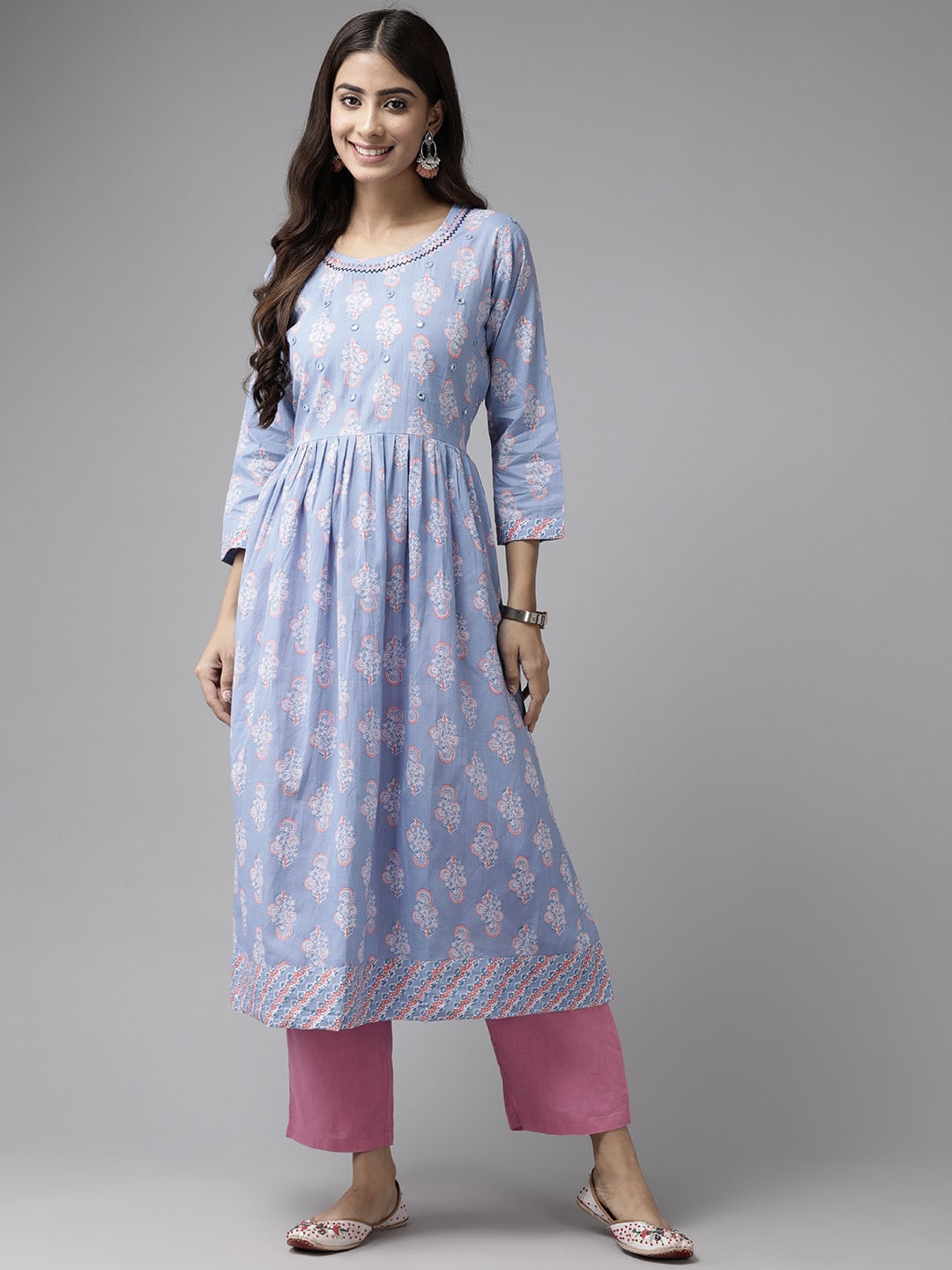 

BAESD Floral Printed Flared Round Neck Angrakha Cotton Anarkali Kurta, Turquoise blue