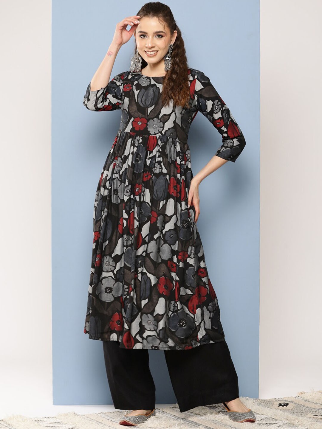 BAESD Floral Printed Anarkali Kurta, Black
