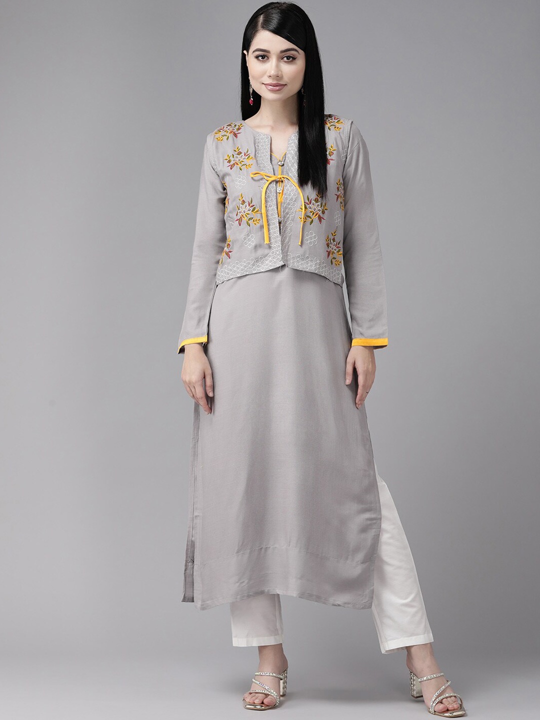 

BAESD Floral Embroidered Thread Work Notch Neck Cotton Straight Kurta, Grey