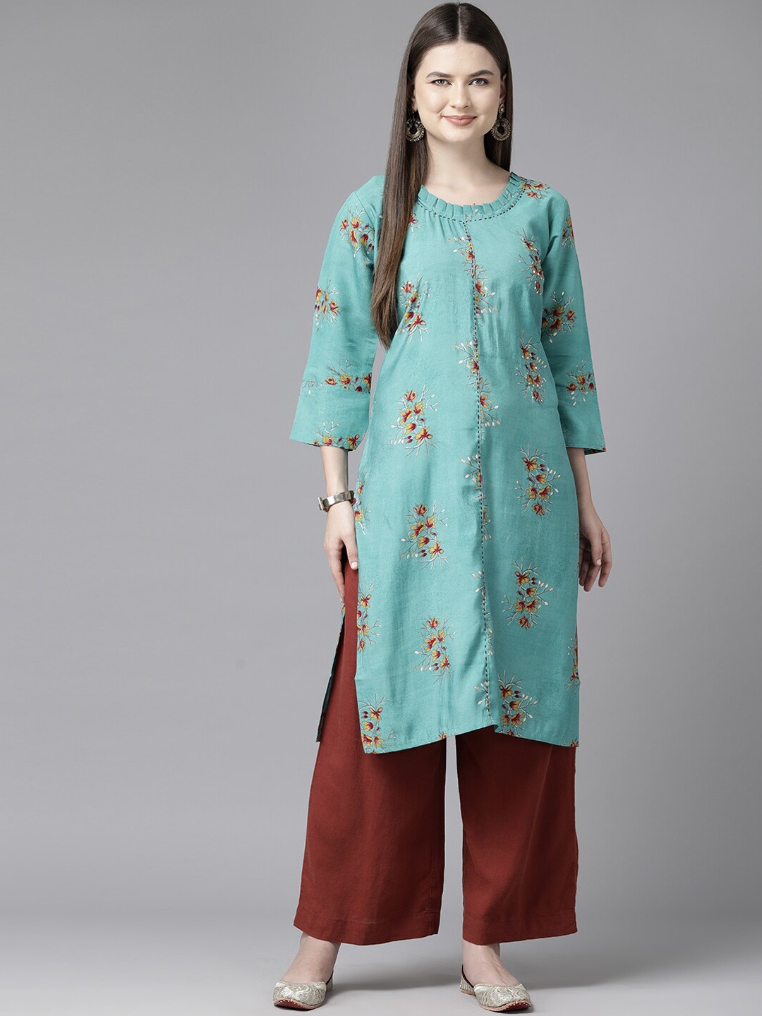 

BAESD Floral Printed Round Neck Three-Quarter Sleeves Straight Kurta, Turquoise blue