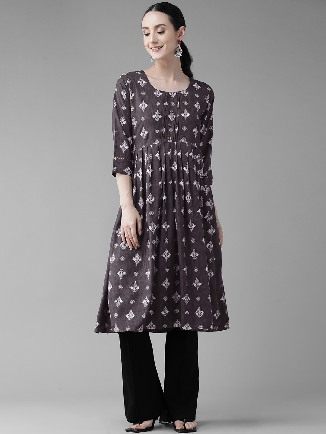 

BAESD Ethnic Motif Printed Round Neck Three-Quarter Sleeves A-line Kurta, Grey