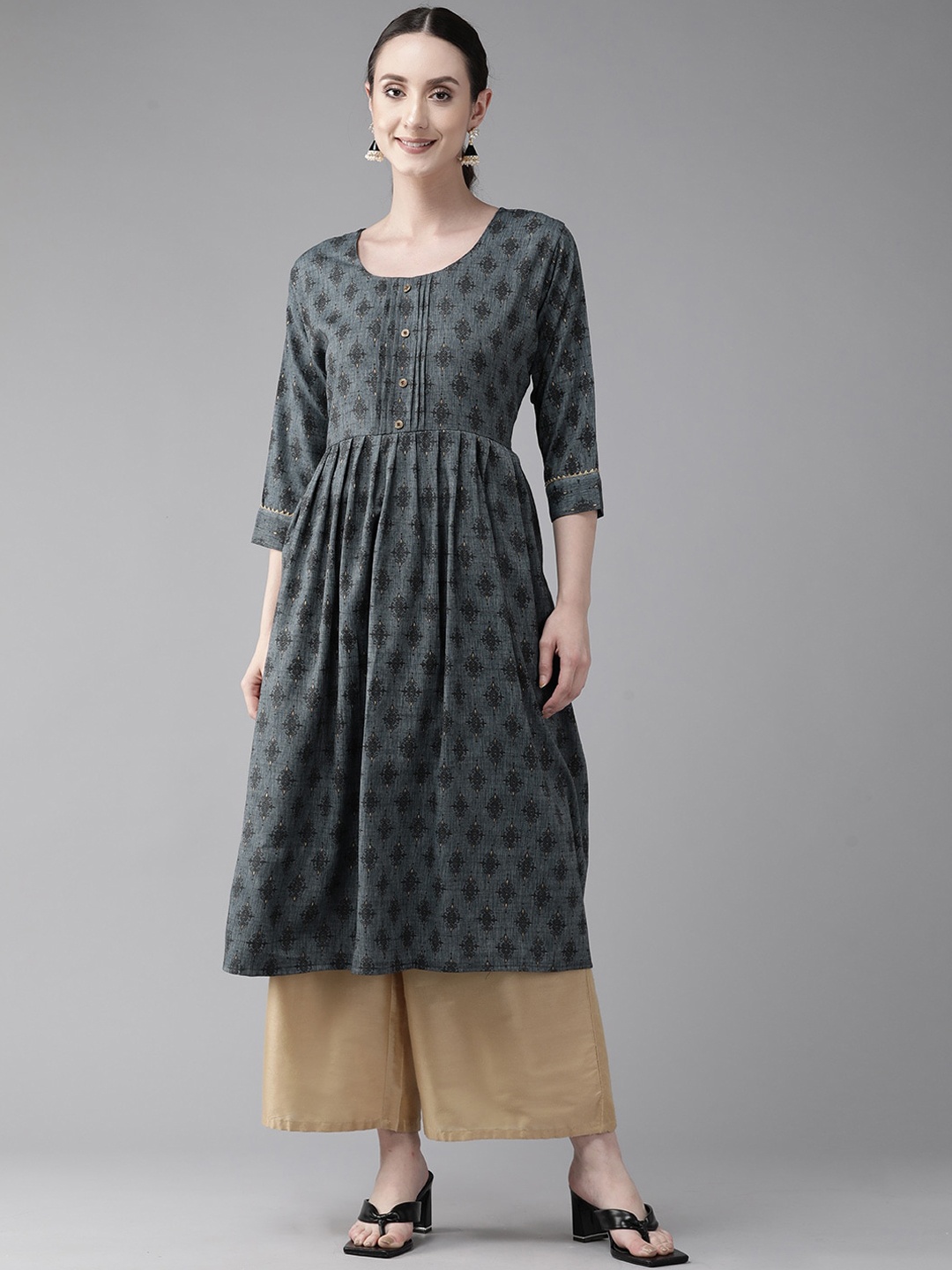 

BAESD Women Checked Flared Sleeves Mirror Work Anarkali Kurta, Grey