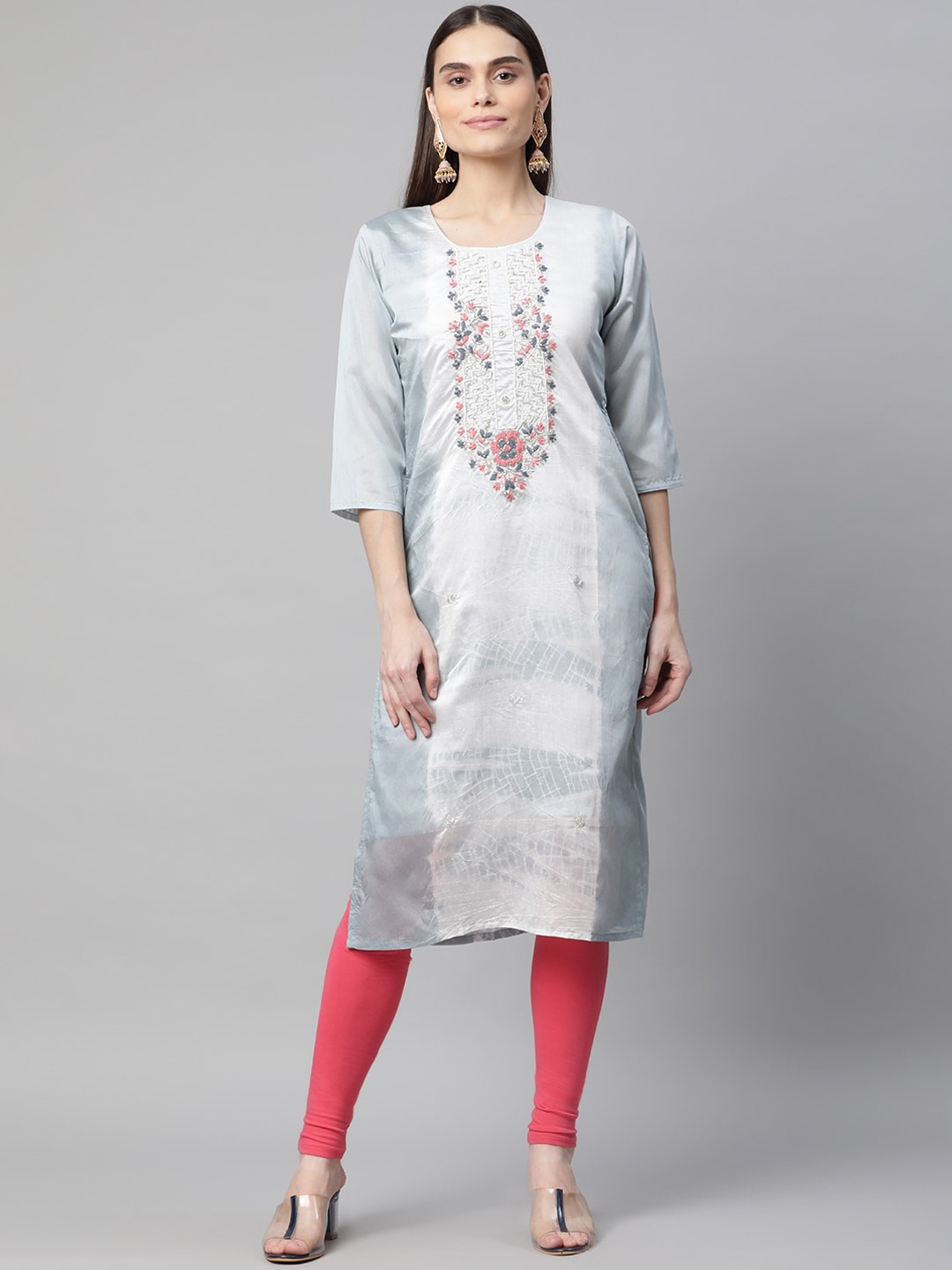 

BAESD Floral Embroidered Round Neck Straight Kurta, Grey