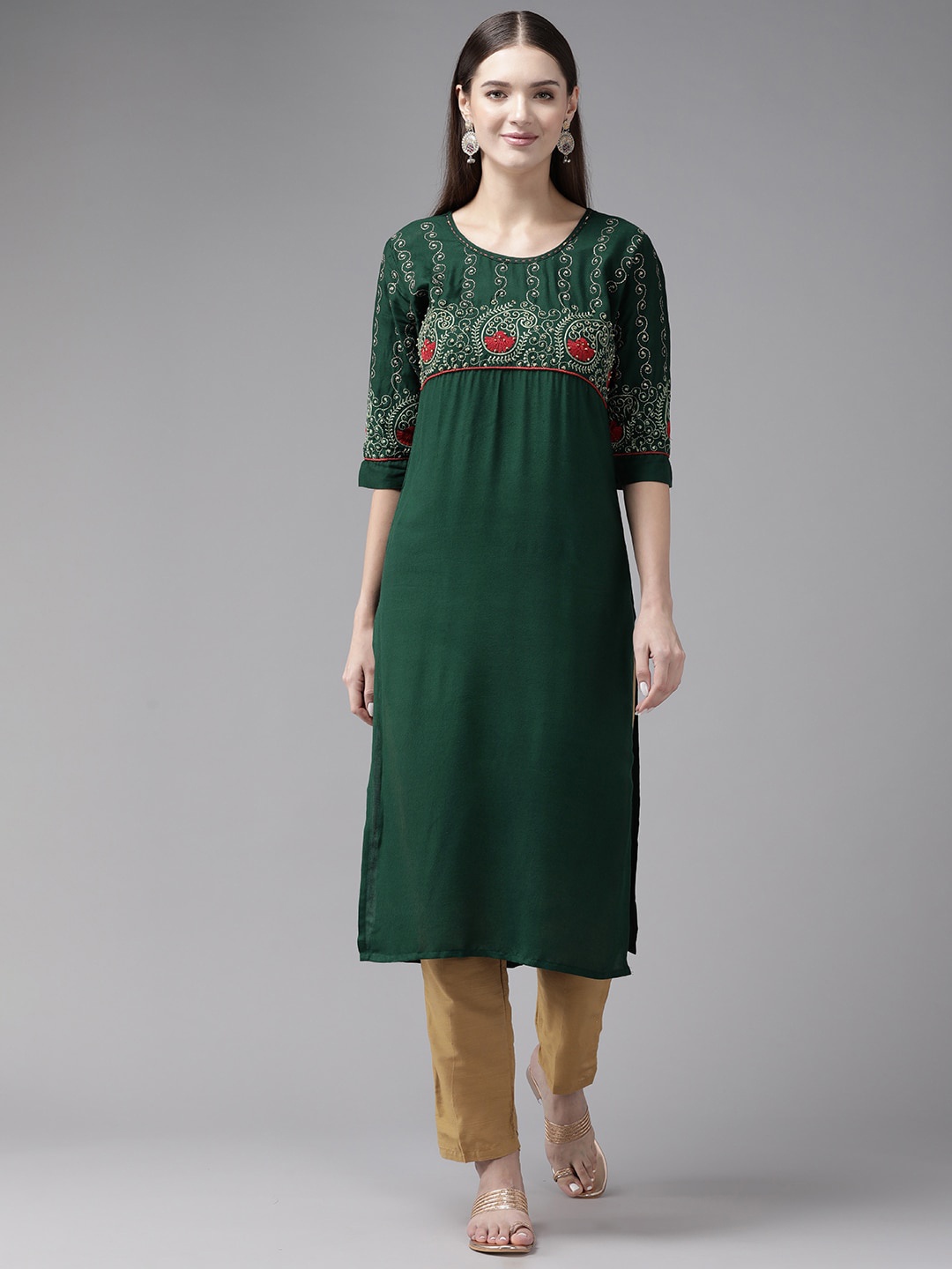 

BAESD Ethnic Motifs Yoke Design Straight Kurta, Green