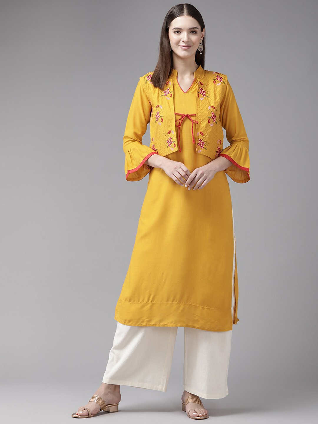 

BAESD Mandarin Collar Three-Quarter Bell Sleeves Straight Kurta With Jacket, Yellow