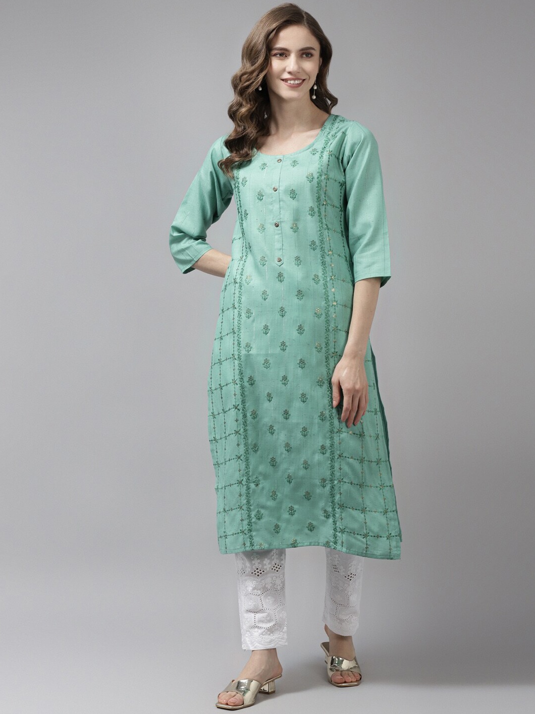 

BAESD Checked Embroidery Cotton Pathani Kurta, Turquoise blue