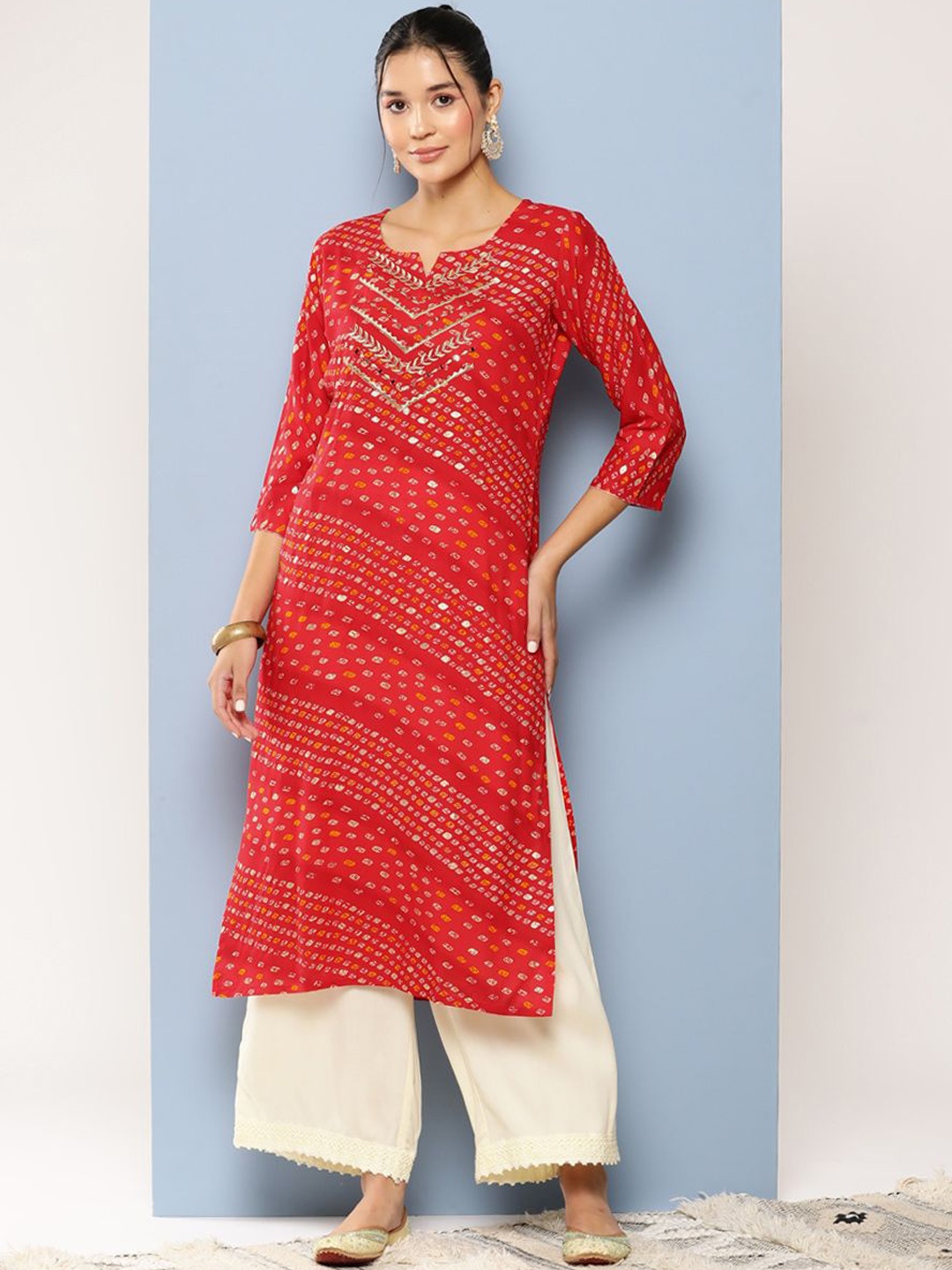 

BAESD Geometric Printed Notched Neck Straight Kurta, Red