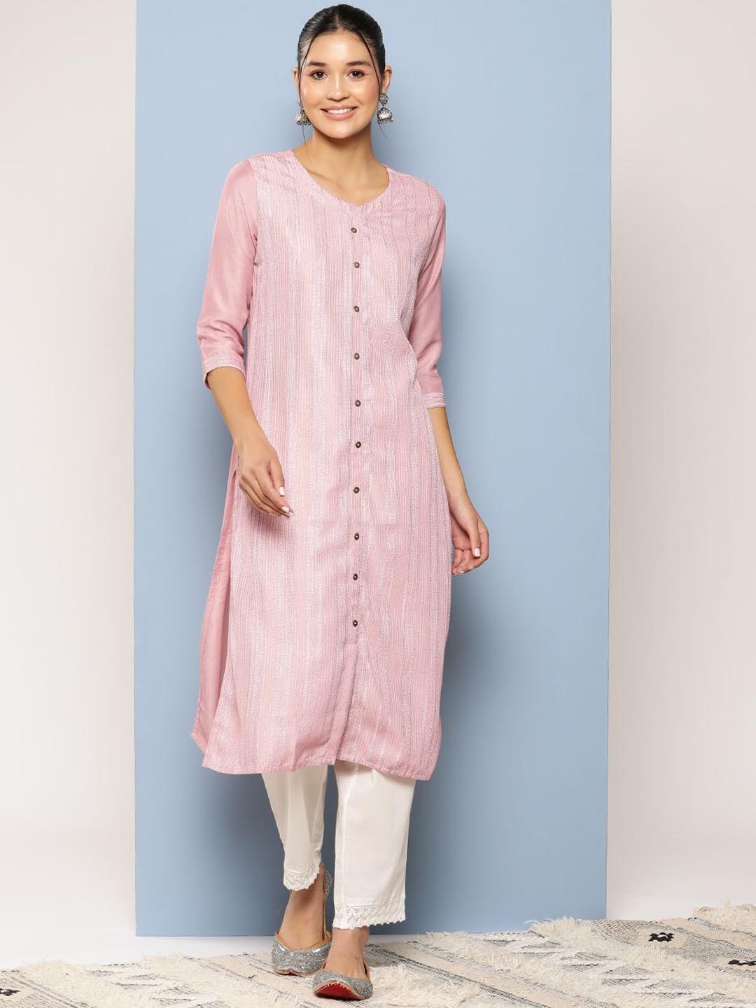 

BAESD Geometric Embroidery Round Neck Three-Quarter Sleeves Straight Kurta, Pink