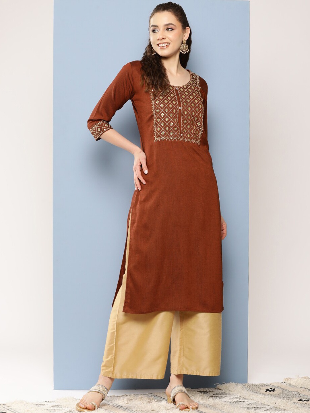 

BAESD Geometric Embroidered Mirror Work Curved Cotton Anarkali Kurta, Brown