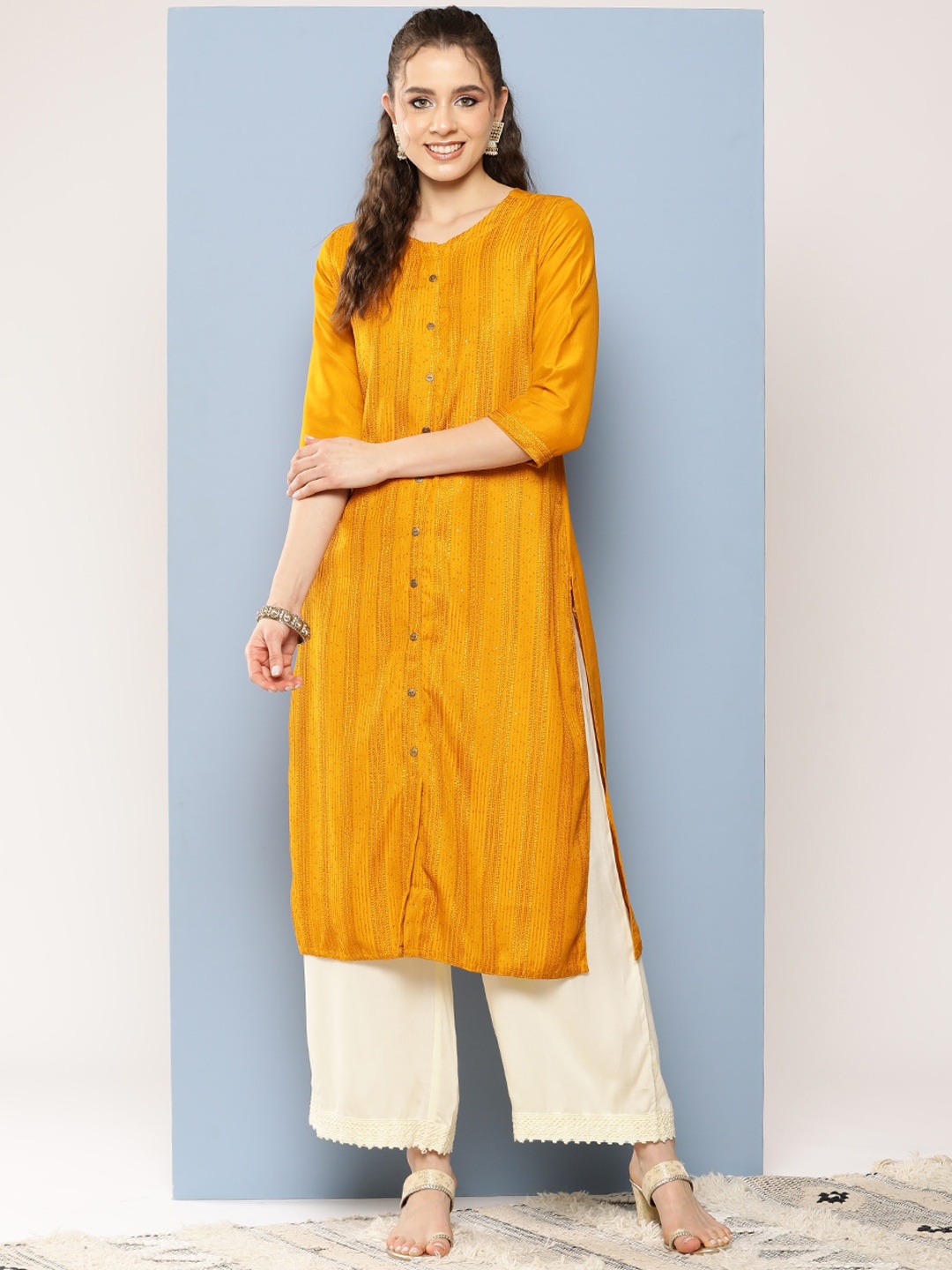

BAESD Striped Round Neck Thread Work Cotton Straight Kurta, Yellow