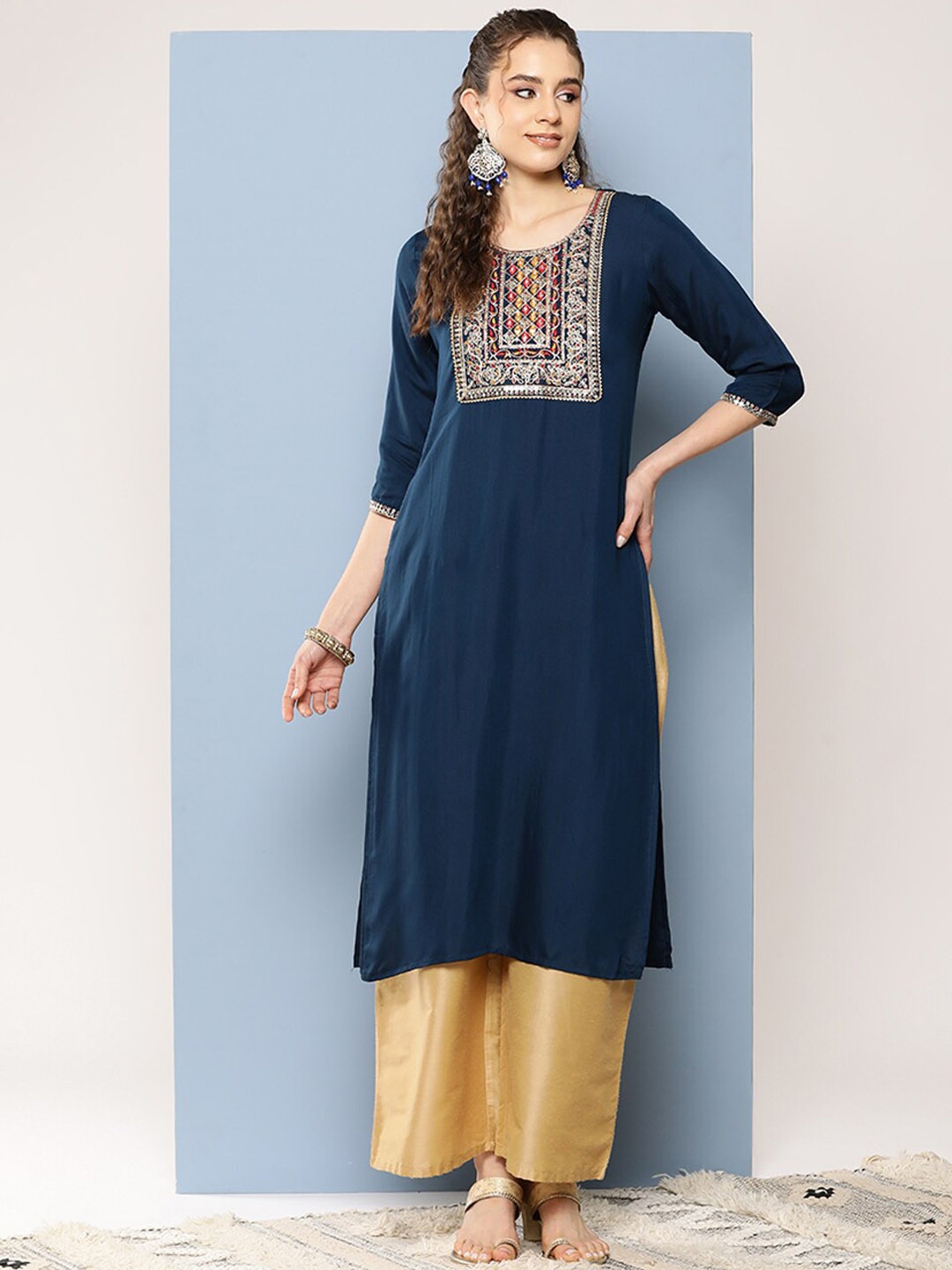 

BAESD Ethnic Motifs Yoke Design Round Neck Thread Work Cotton Kurta, Navy blue