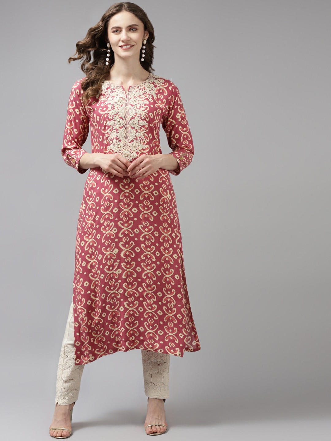 

BAESD Floral Printed Sequinned Cotton Kurta, Pink