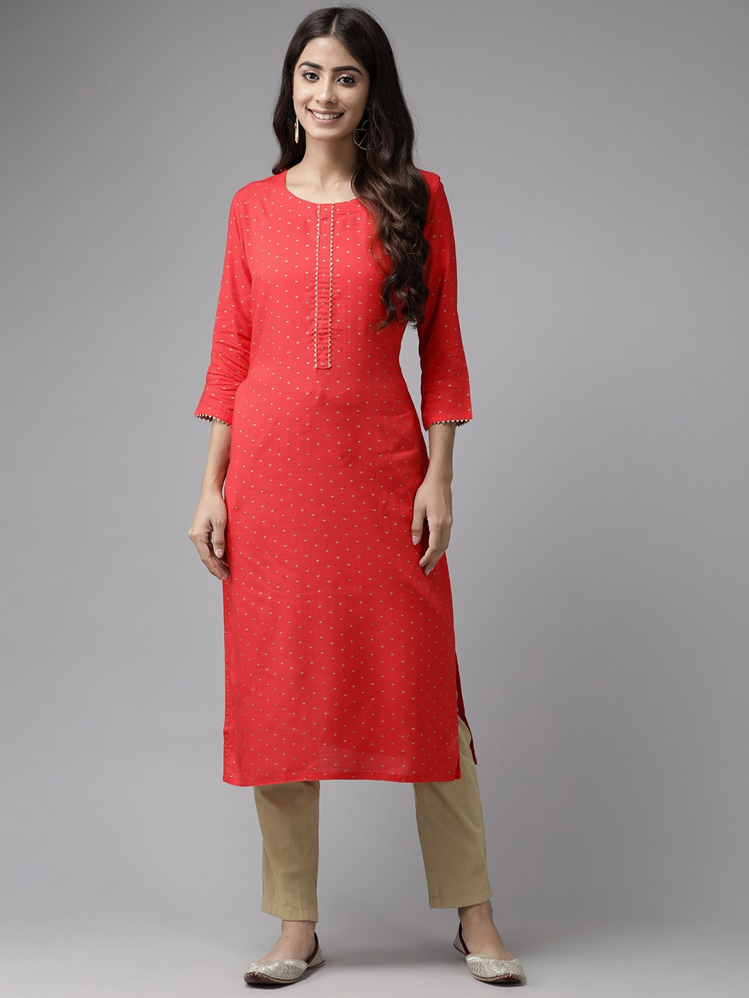 

BAESD Woven Design Round Neck Gotta Patti Kurta, Red
