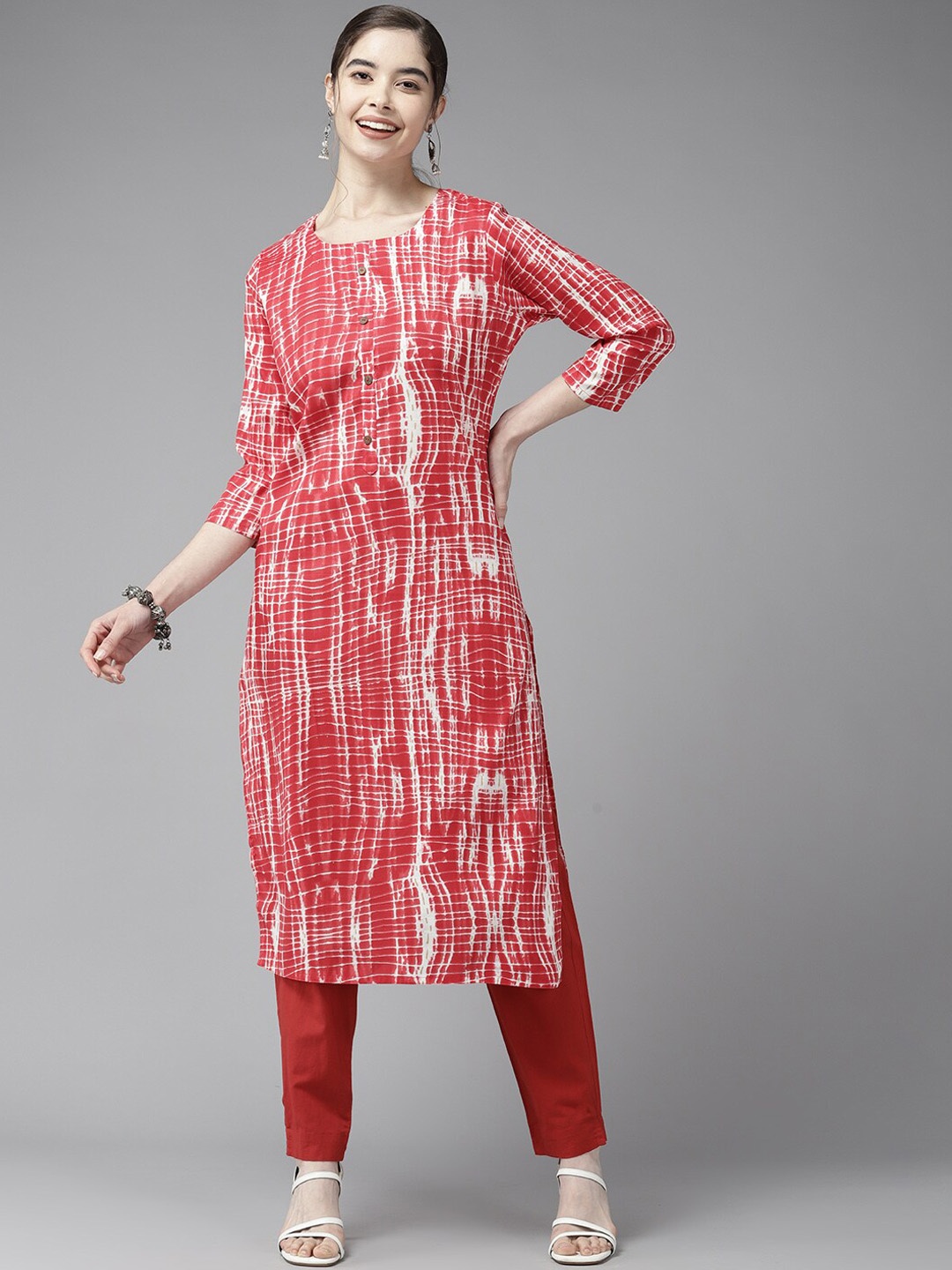 

BAESD Abstract Printed Round Neck Three-Quarter Sleeves Straight Kurta, Red