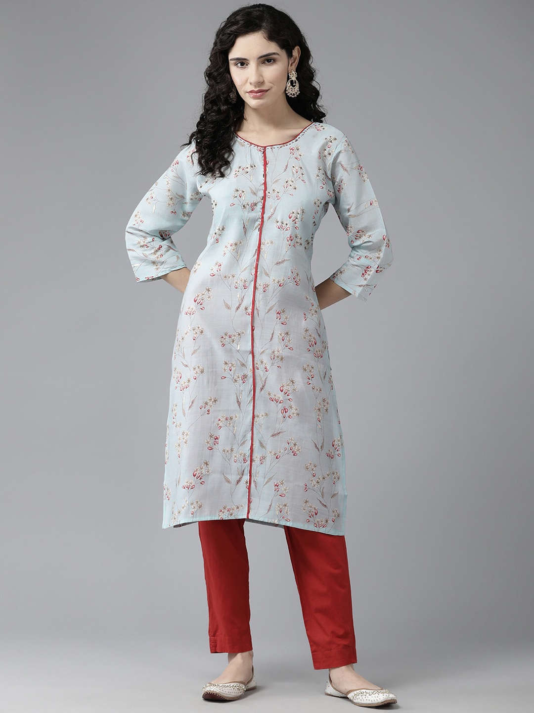 

BAESD Floral Printed Flared Round Neck Cotton Straight Kurta, Turquoise blue