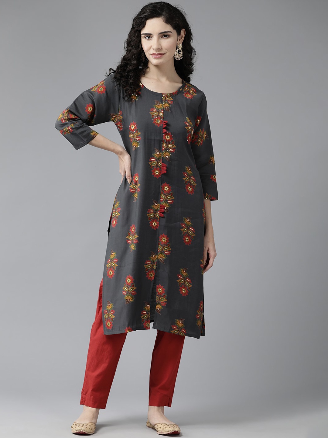 

BAESD Floral Printed Round Neck Three-Quarter Sleeves Straight Kurta, Grey